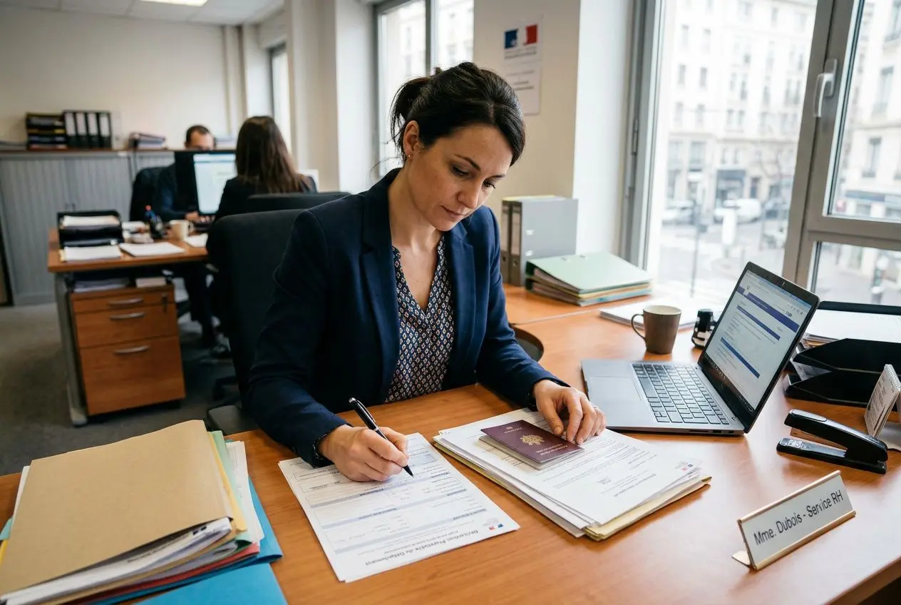 Agent administratif en bureau, signature de documents sur un bureau, ordinateur portable et pile de dossiers. Déclaration de détachement en cours.
