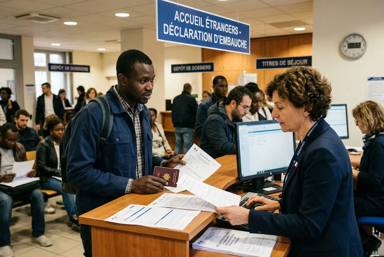 Agent d’accueil traitant des documents d’immigration; demandeurs devant le guichet, bureaux et écrans en arrière-plan. Autorisation de travail salarié détaché en France.