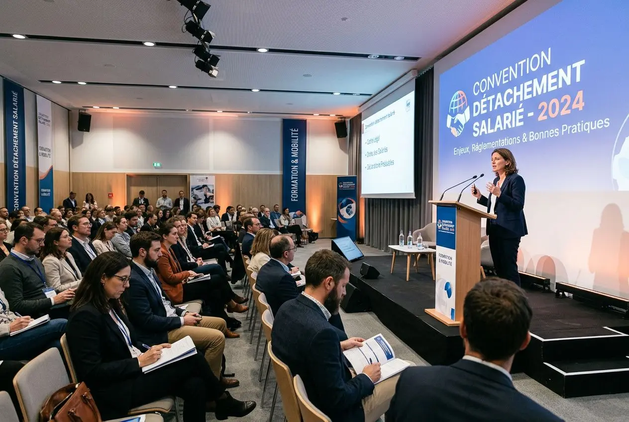 Conférencière en tailleur bleu à un pupitre lors d’une conférence sur la convention de détachement d’un salarié, avec écran affichant “Convention Détachement Salarié - 2024” et une audience attentive.