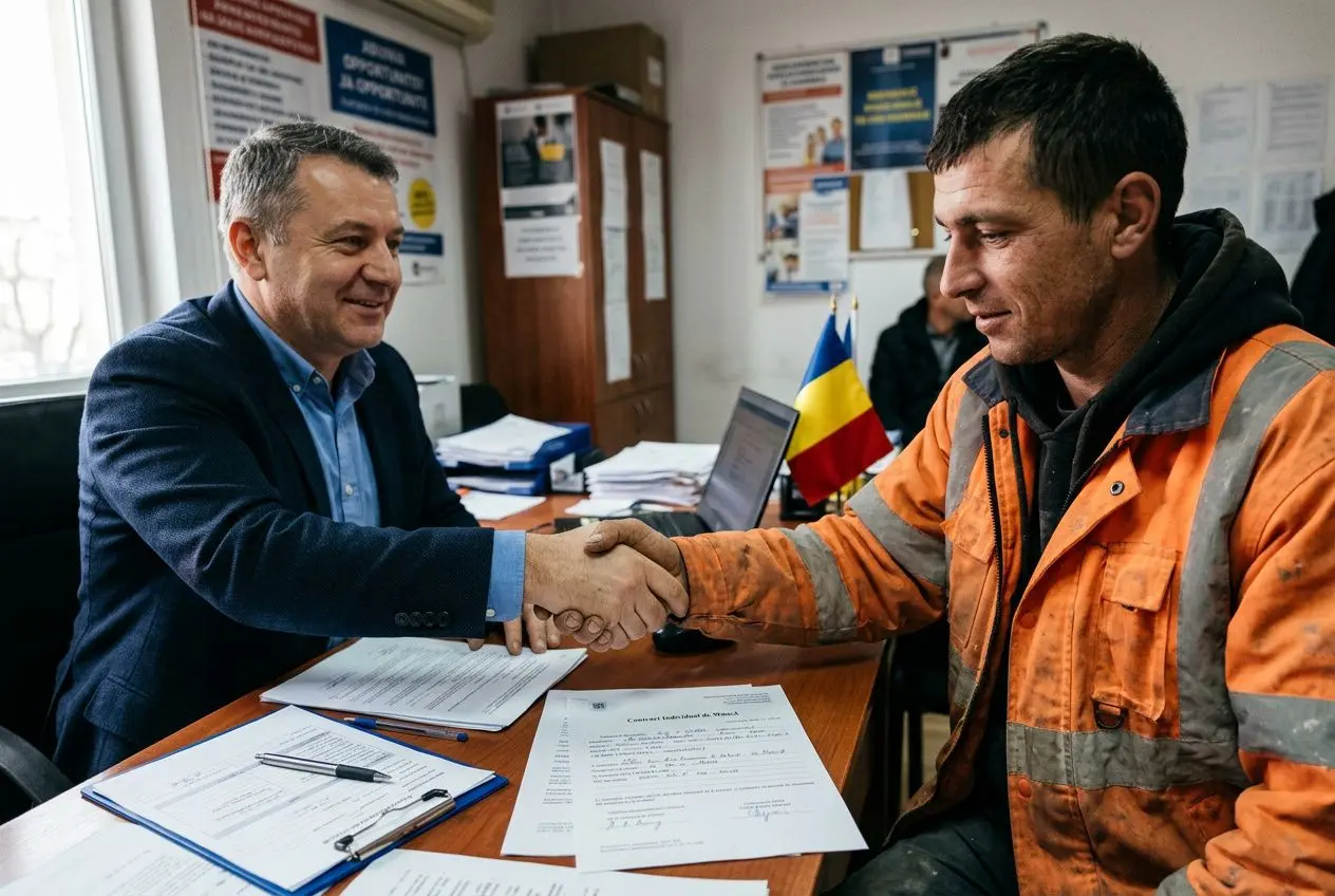 Deux hommes se serrant la main au bureau, documents et ordinateur sur le bureau, ambiance professionnelle pour le recrutement intérimaire de main-d’œuvre roumaine.