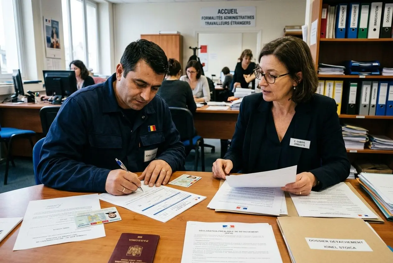 Deux personnes examinent des documents administratifs dans un bureau près de la signalétique “ACCUEIL Formulaires administratives travailleurs étrangers”; on voit des formulaires et des recepisses sur la table. Travailleurs roumains qualifiés europe font partie du cadre, avec une ambiance d’accueil et de vérification.