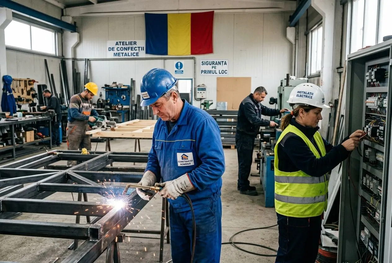 Ouvriers dans un atelier métallique: un homme en bleu coupe une barre avec une meule, étincelles projetées; autre homme en casque et gilet jaune près d’un tableau de contrôle. Drapeau roumain au fond.