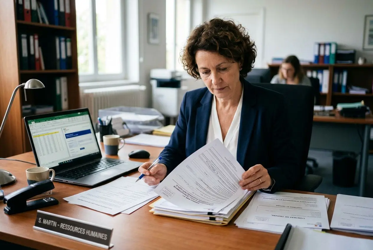 Une professionnelle assise à un bureau, examinant des documents et remplissant des formulaires, avec un ordinateur portable ouvert à côté.