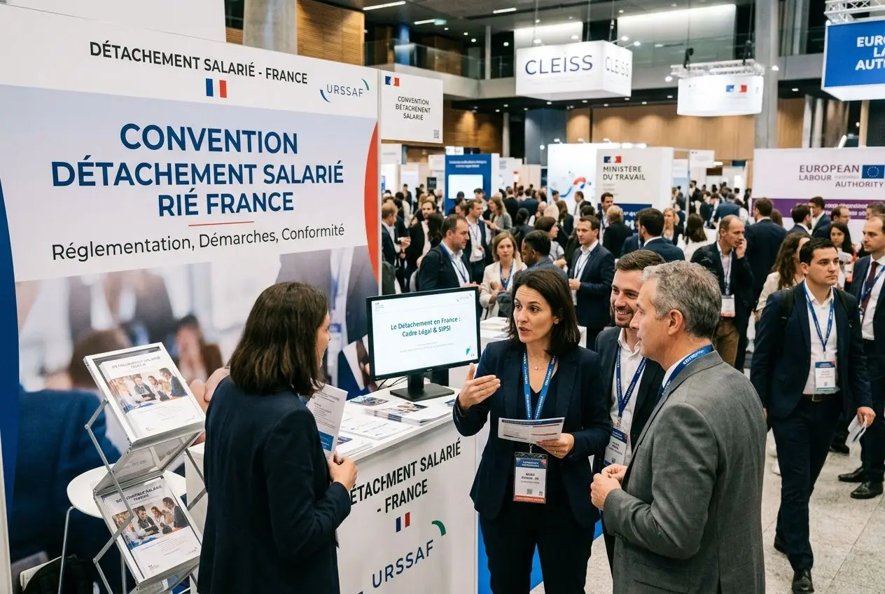 Stand d’information sur la détachement salarié en France, avec participants discutant autour d’un métier et affiches: “Convention détachement salarié Rié France”. Autorisation de travail salarié détaché en France.