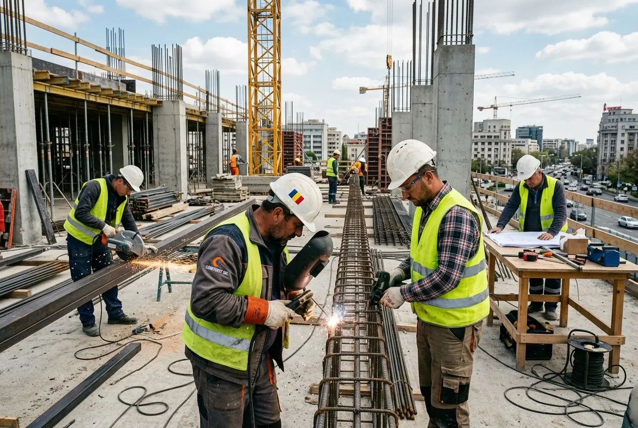 Travailleurs roumains qualifiés Europe sur un chantier de construction, soudant et manipulant des armatures en fer, équipements de sécurité et plans de travail.