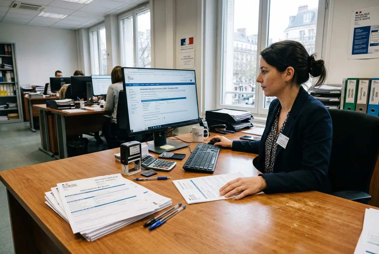 Agent administratif au bureau, ordinateur affichant des pages, documents et fournitures sur le bureau pour la protection sociale des travailleurs.