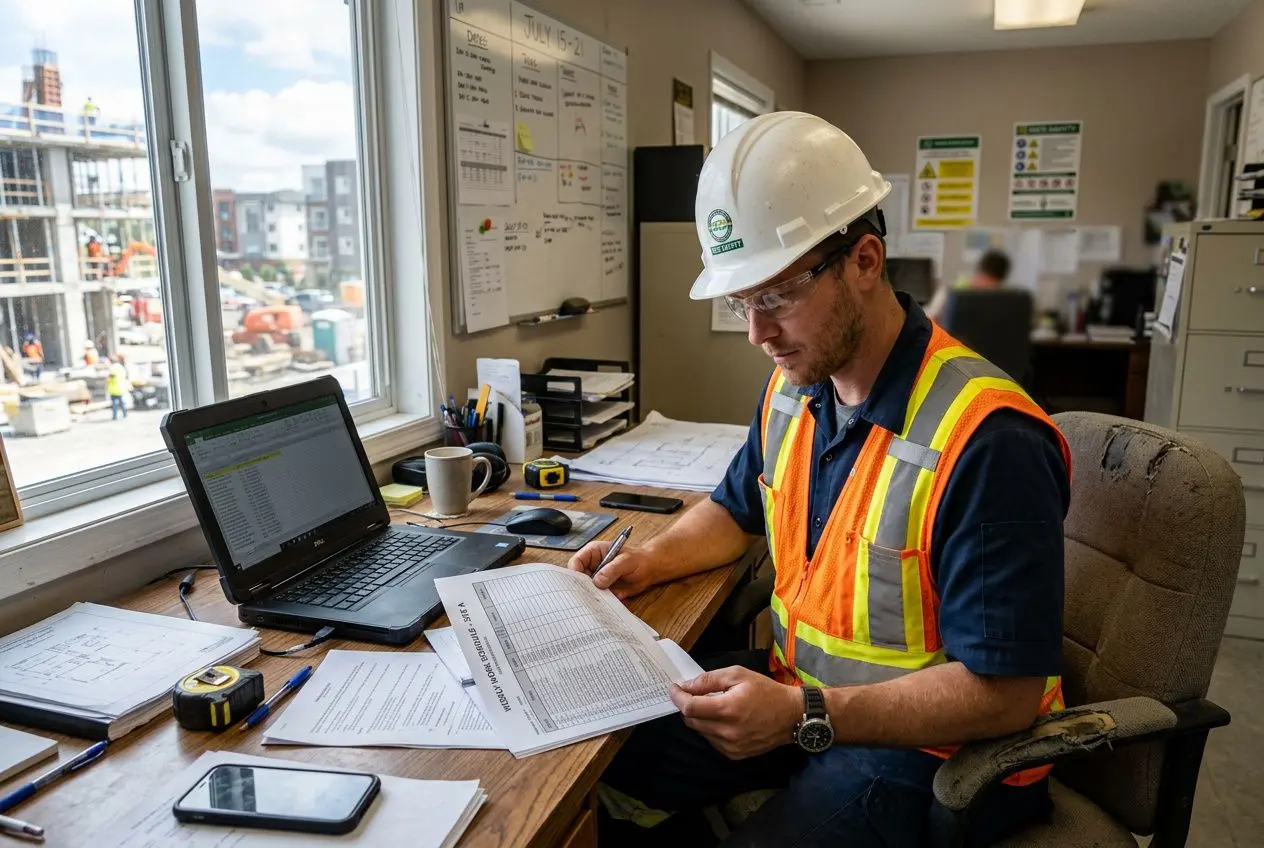 Agent en chantier en intérieur, casque et gilet haute visibilité, consulte des documents près d’un laptop et cahier. heures supplémentaires intérimaire idéales.