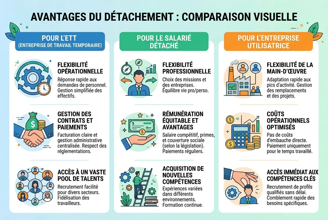 Comparaison visuelle des avantages du détachement: pour l’ETT, le salarié détaché et l’entreprise utilisatrice.