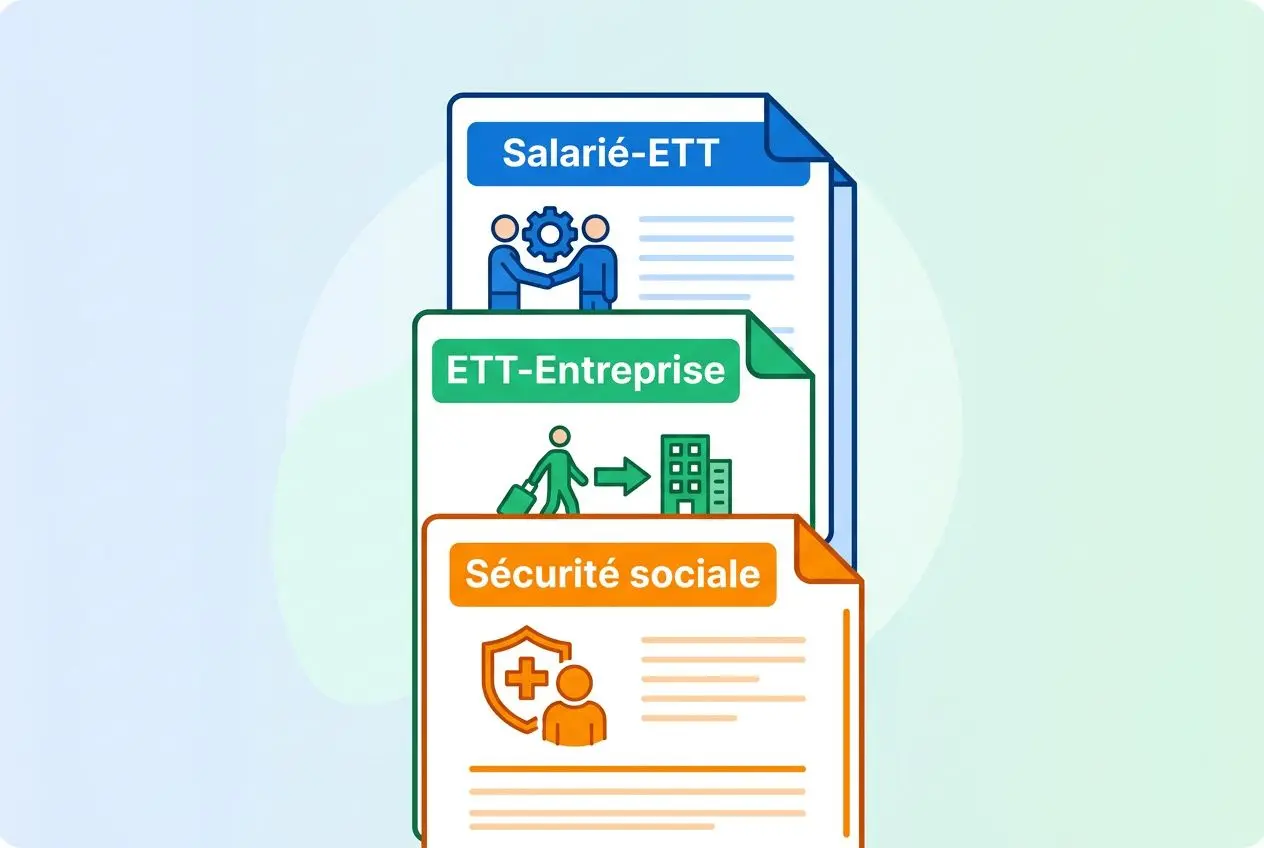 Contrat de travail temporaire exemple : image montrant des documents avec sections Salarié-ETT et Sécurité sociale, symbolisant le modèle à télécharger.