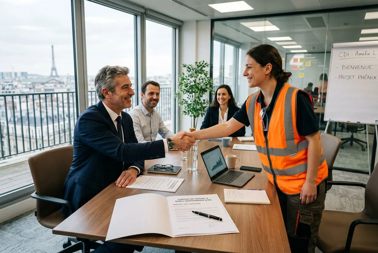 Deux professionnels se serrent la main dans une salle de réunion lumineuse, échange de documents sur la table et présence d’un salarié en gilet orange vérifiant un contrat.