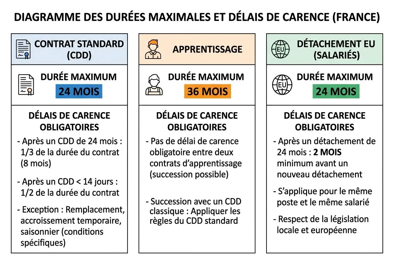 Diagramme des durées maximales et délais de carence (France) présentant le CONTRAT STANDARD, APPRENTISSAGE et DÉTACHEMENT EU avec leurs durées et délais obligatoires, exemple de contrat de travail temporaire exemple à télécharger.
