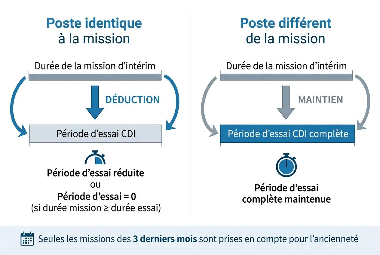 Diagramme expliquant l’embauche d’un intérimaire en CDI et les pistes de durée d’essai, avec notions de déduction et maintien.