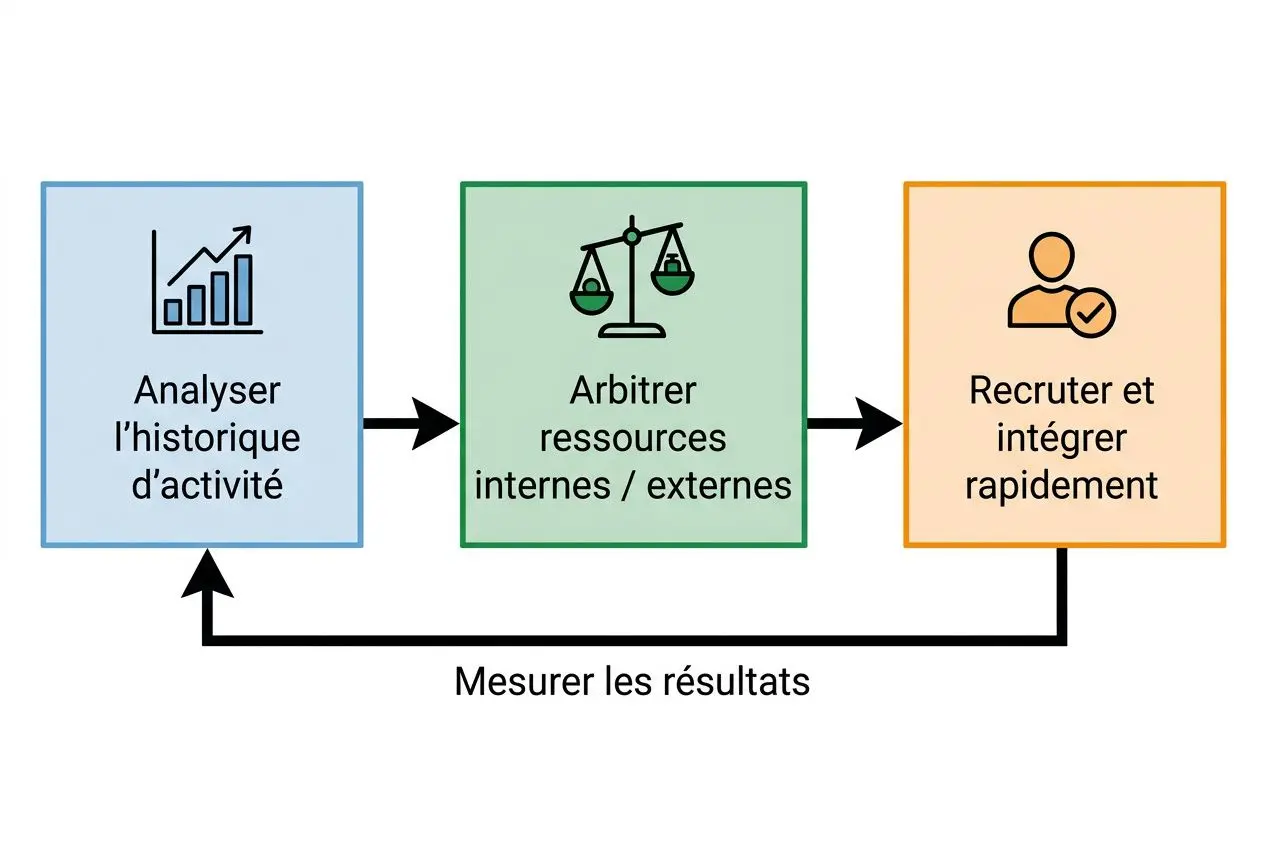 Graphique de processus: analyser l'historique d'activité → arbitrer ressources internes/externes → recruter et intégrer rapidement; flèche Mesurer les résultats.