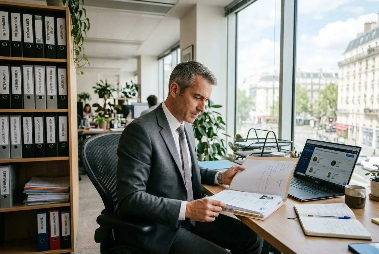 Homme d’affaires en costume lit un dossier dans un bureau lumineux, avec ordinateur portable et étagères de classeurs. agence intérim recrutement rapide.