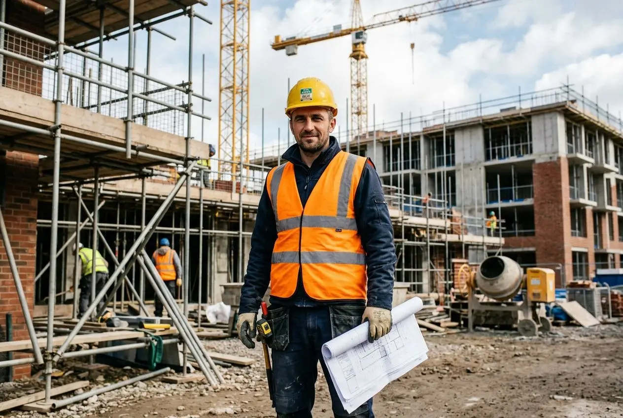Homme ouvrier portant gilet orange et casque jaune sur un chantier de construction, tenant des plans, avec structures et grues en arrière-plan. Travail intérimaire à l'étranger évoqué.