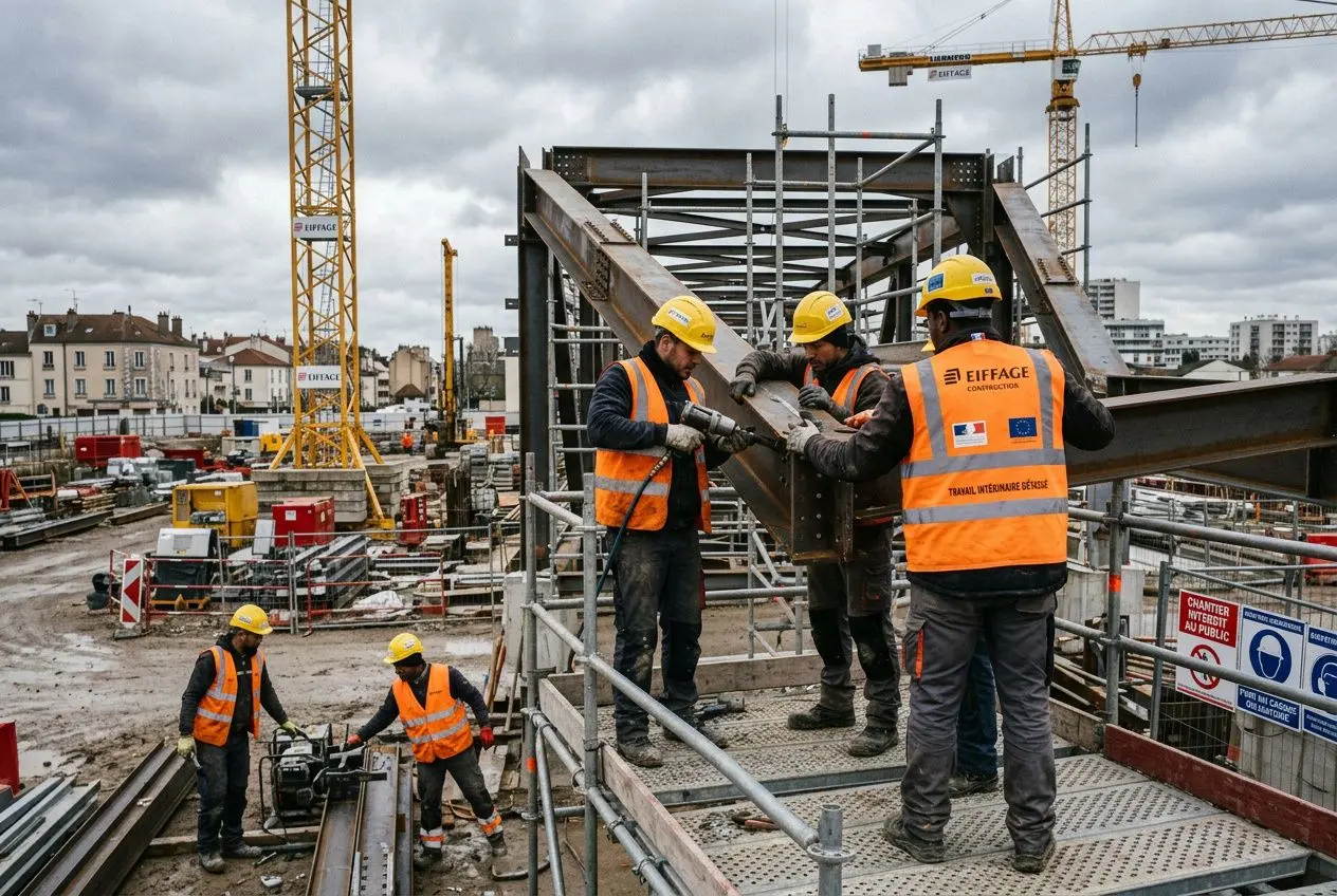 Huit ouvriers en casque et gilets orange sur un chantier de construction, assemblant une structure métallique. détachement travailleurs travail intérimaire