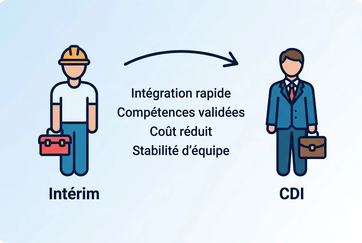 Illustration montrant la transition d’un travailleur intérimaire vers un CDI, avec « Intérim → CDI » et les avantages: intégration rapide, compétences validées, coût réduit, stabilité d’équipe. embaucher un intérimaire en cdi.
