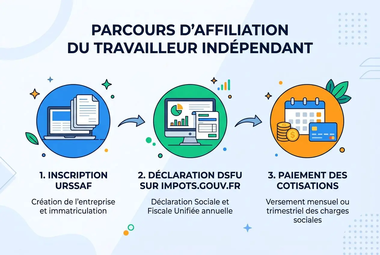 Parcours d’affiliation du travailleur indépendant illustré: inscription, déclaration DSF sur impots.gouv.fr et paiement des cotisations, protection sociale des travailleurs.