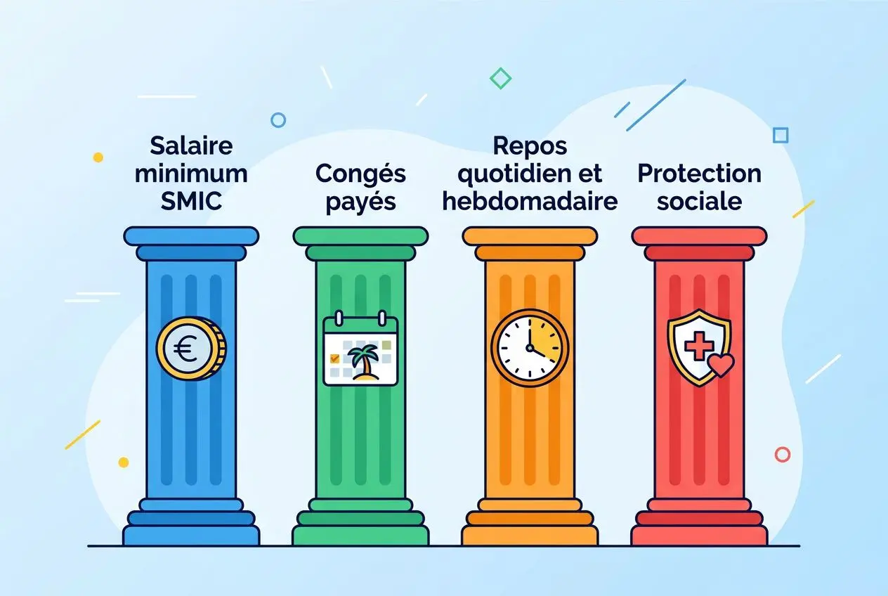 Quatre colonnes illustratives sur les droits des travailleurs saisonniers: salaire minimum SMIC, congés payés, repos quotidien et hebdomadaire, protection sociale, avec icônes correspondantes.