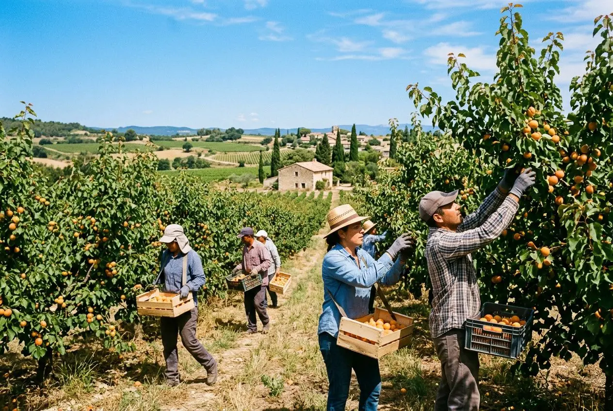Récolte de fruits dans une verger avec des travailleurs saisonniers récoltant et ramassant dans des caisses, panorama rural. Droits des travailleurs saisonniers.
