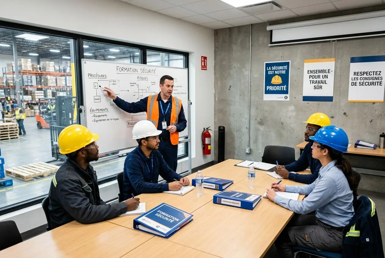 Réunion en milieu industriel sur la formation sécurité et risques, avec un formateur indiquant un plan sur un tableau blanc et des participants portant casques, près d’un mur pédagogique. formation intérimaire intégrable.