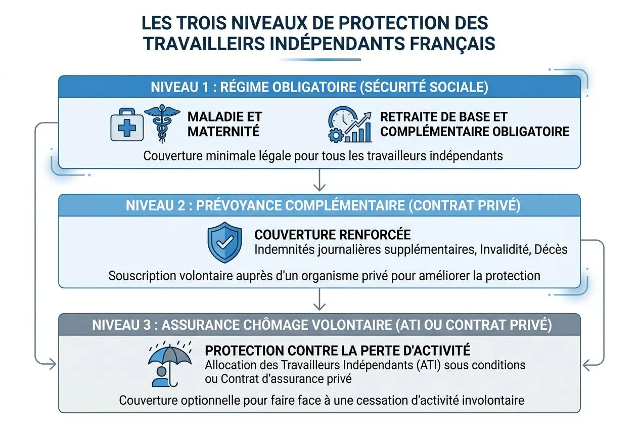 Schéma des niveaux de protection sociale des travailleurs français, avec trois niveaux et couverture pour salariés et indépendants. Niveau 1: régime obligatoire sécurité sociale (maladie, maternité, retraite de base, complémentaire). Niveau 2: prévoyance complémentaire (contrat privé). Niveau 3: assurance chômage volontaire (ATI ou privé) et protection en cas de cessation d’activité. Inclut protection sociale des travailleurs et droits selon statut.
