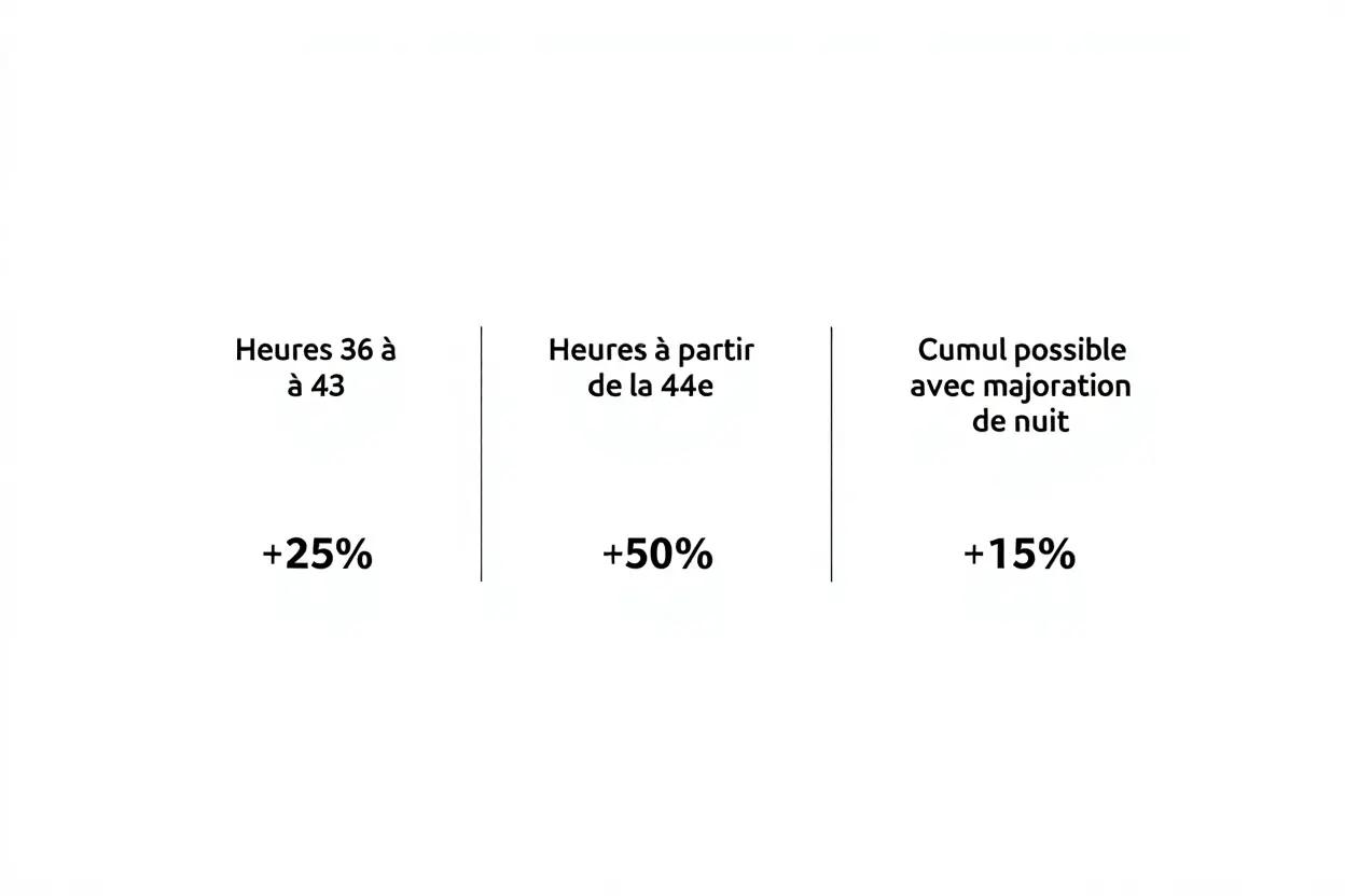 Tableau récapitulatif des heures supplémentaires intérimaire : +25% entre 36 et 43h, +50% à partir de 44h, +15% de cumul avec majoration nocturne.