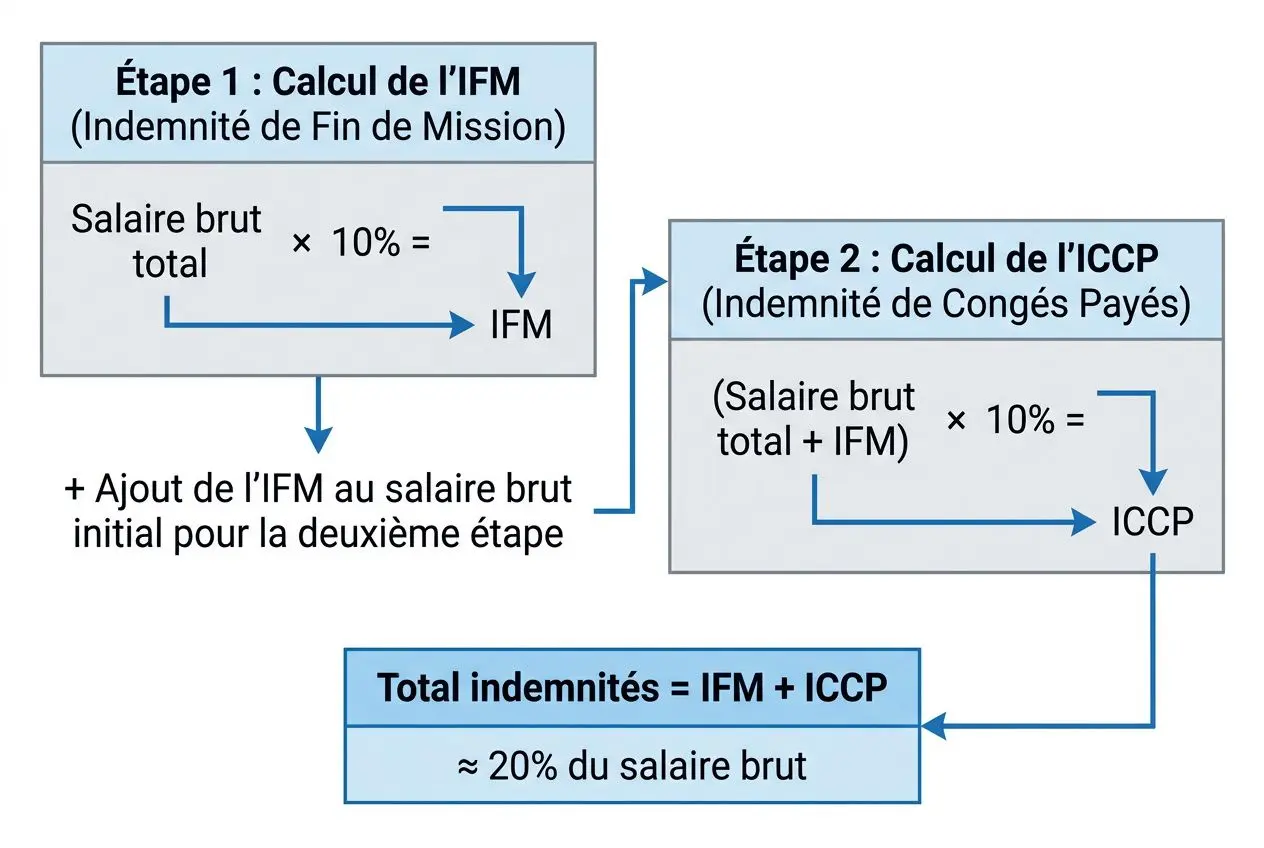 Calcul d’indemnité fin de mission intérim (IFM) avec étapes: IFM = 10% du salaire brut total, puis IC PP (Indemnité de Congés Payés) calculée sur (salaire brut total + IFM) × 10%, total indemnités ≈ 20% du salaire brut.