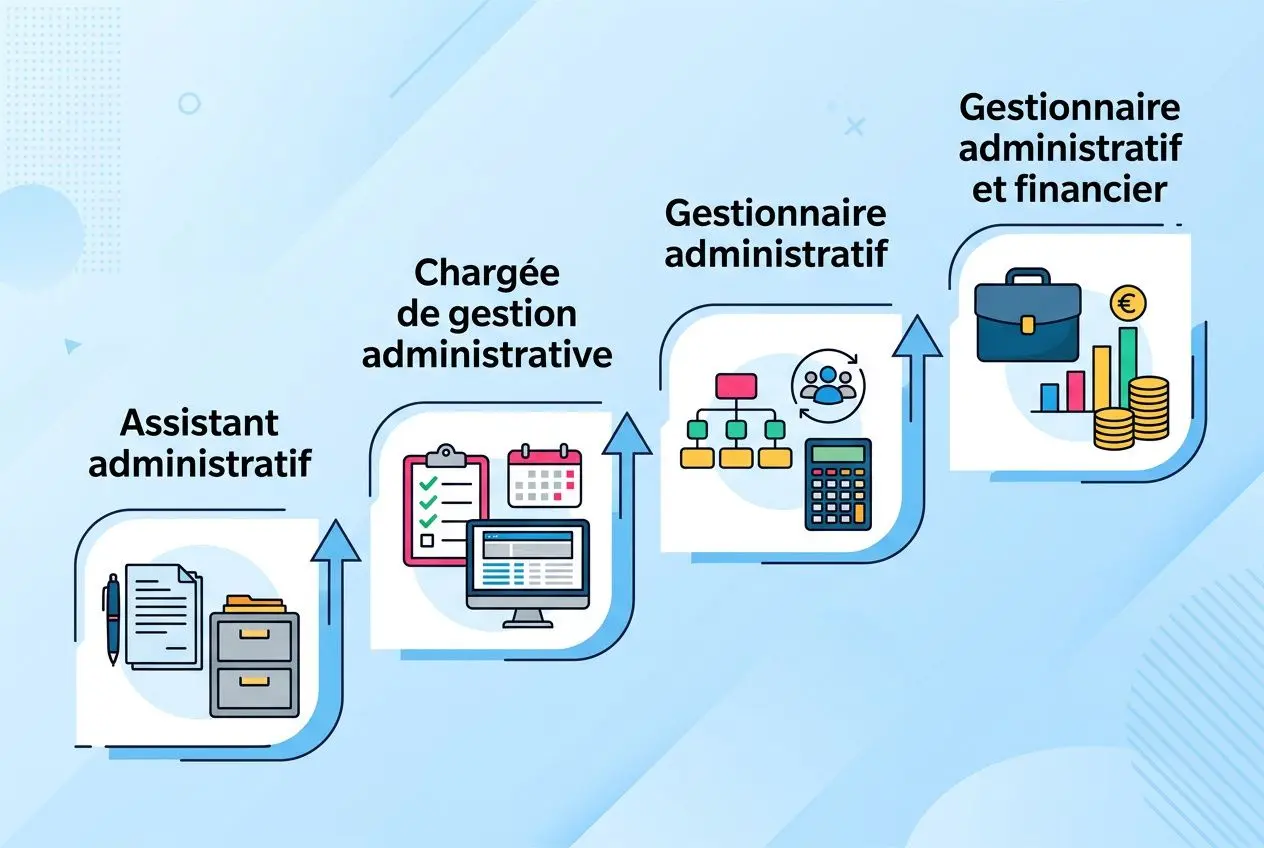 Chaîne de postes : assistant administratif, chargé de gestion administrative, gestionnaire administratif puis gestionnaire administratif et financier avec pictogrammes et flèches ascendantes.