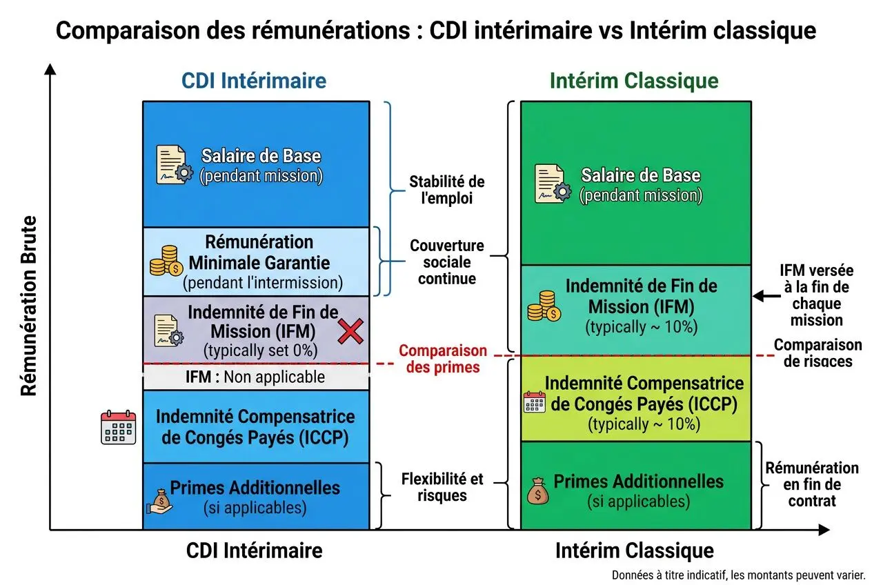 Comparaison des rémunérations : CDI intérimaire vs Intérim classique, diagramme montrant stabilité et flexibilité, avec éléments comme salaire de base, indemnités et primes. CDI intérimaire avantage et inconvénient.