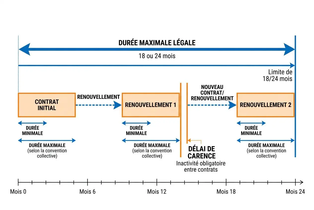 Contrat de travail temporaire: durée maximale légale de 18 à 24 mois selon le motif présent sur l’illustration.