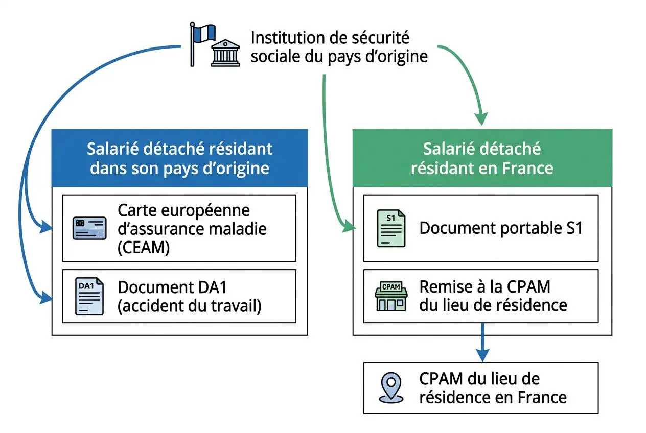 Cycle de détachement salarial: IA/EA montrant les étapes de sécurité sociale et documents (DA1, S1, CPAM) du salarié détaché résidant en France. intégration du droit sociaux du salarié détaché droits sociaux.