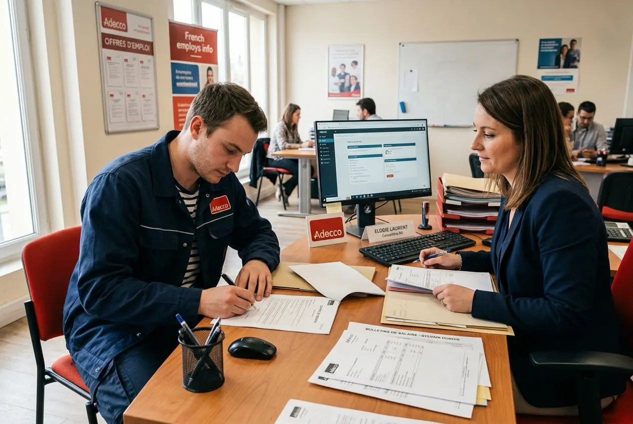 Deux interlocuteurs en bureau, l’un signe des documents pendant que l’autre consulte des fiches, avec ordinateurs et affiches en arrière. indemnité fin de mission intérim calcul intégrée.