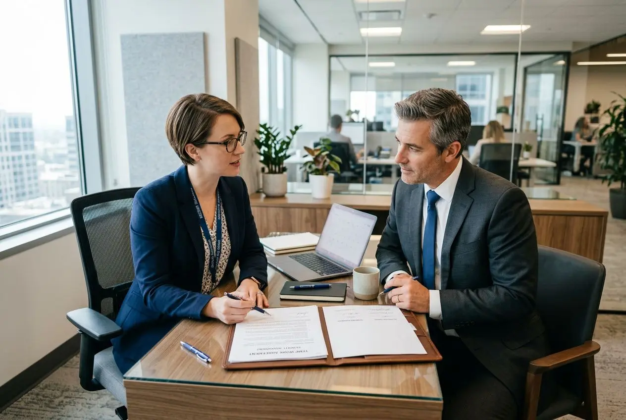 Deux professionnels discutent lors d’un entretien, avec documents et ordinateur sur la table dans un bureau lumineux.