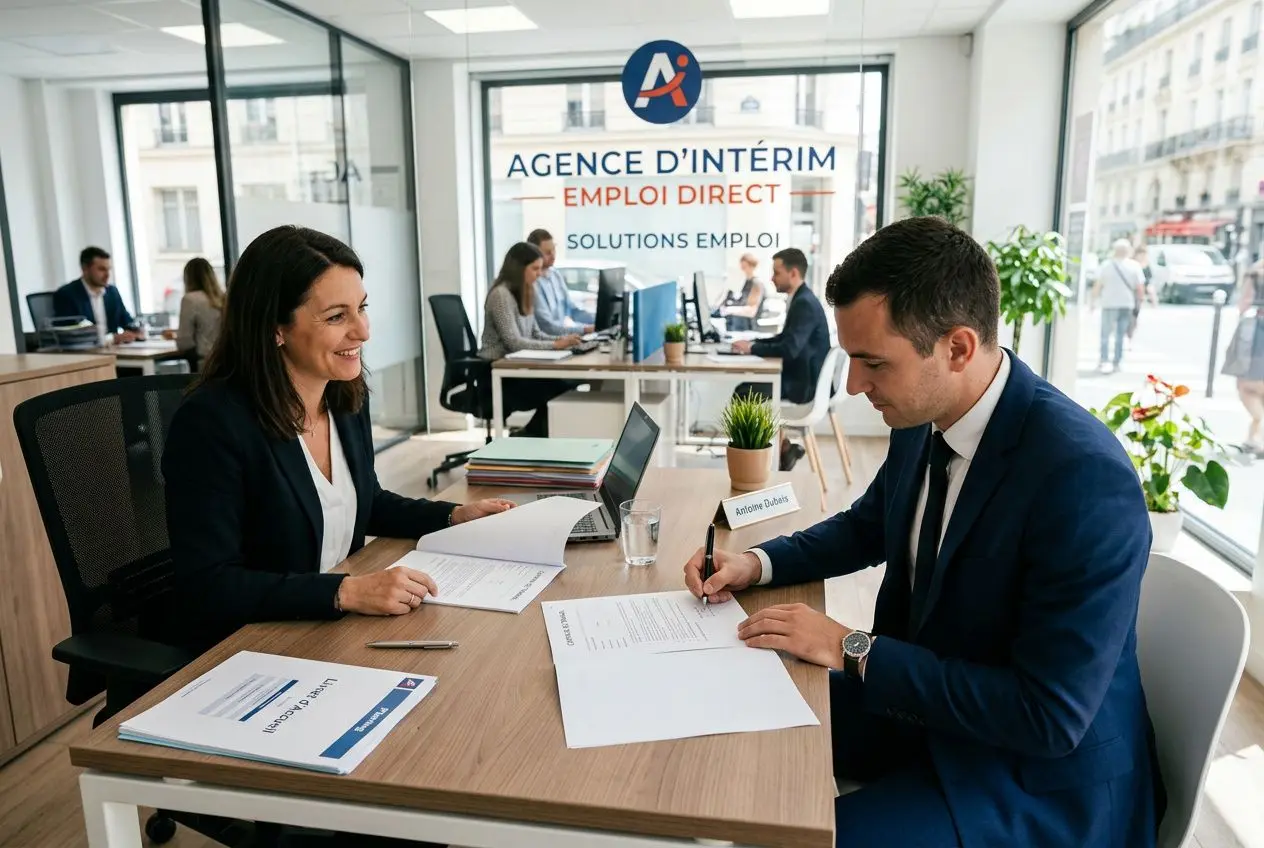 Deux professionnels en entretien dans une agence d’intérim, signature de documents sur une table, ambiance bureau moderne. CDI intérimaire avantage et inconvénient évoqué.