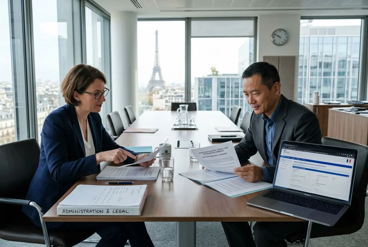 Deux professionnels en réunion dans une salle de conférence moderne, examinant des documents et un laptop ouvert, avec vue sur Paris et la tour Eiffel. Alt text intégrant le mot-clé: détachement salarié droits sociaux.
