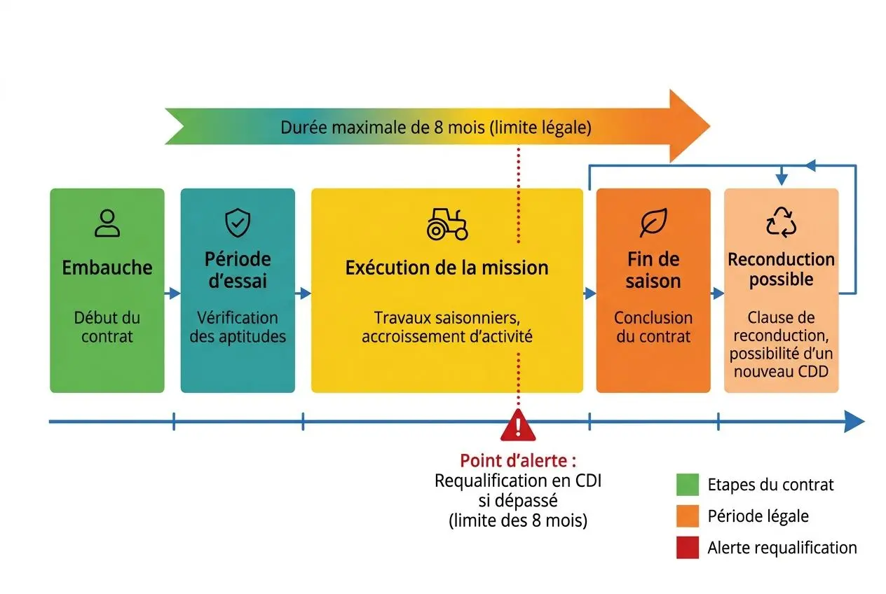 Diagramme d’un modèle de contrat de travail saisonnier montrant les étapes: Embauche, période d’essai, exécution de la mission, fin de saison et possibilité de reconduction, avec alerte requalification et durée maximale de 8 mois.