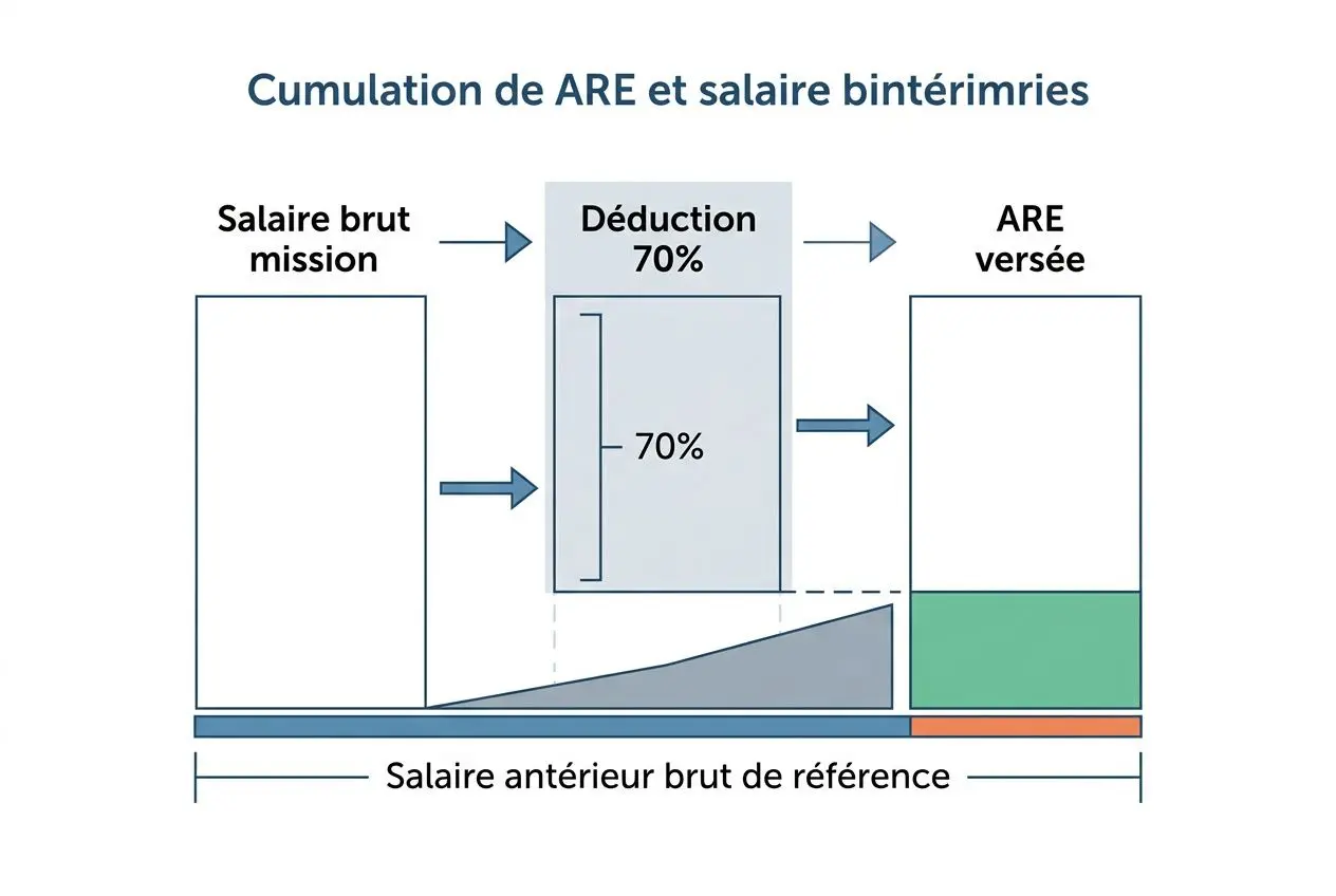 Diagramme explicatif sur le cumul du chômage et de l'intérim, montrant déduction de 70% et ARE versée, avec salaire antérieur brut de référence et zones colorées représentant les plafonds.