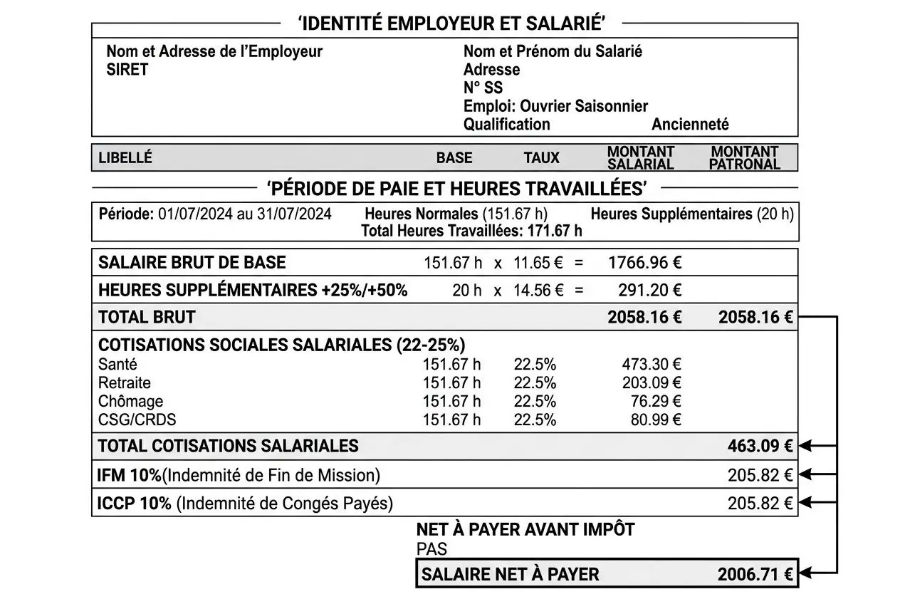 Document de paie montrant le salaire brut, heures et cotisations; net à payer avant impôt et salaire net, lié au thème du salaire saisonnier par mois net.