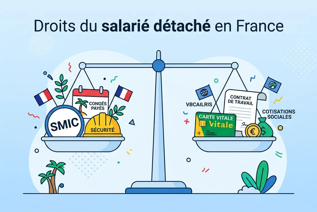 Droits du salarié détaché en France: balance illustrant responsabilités et droits du travailleur détaché en France.