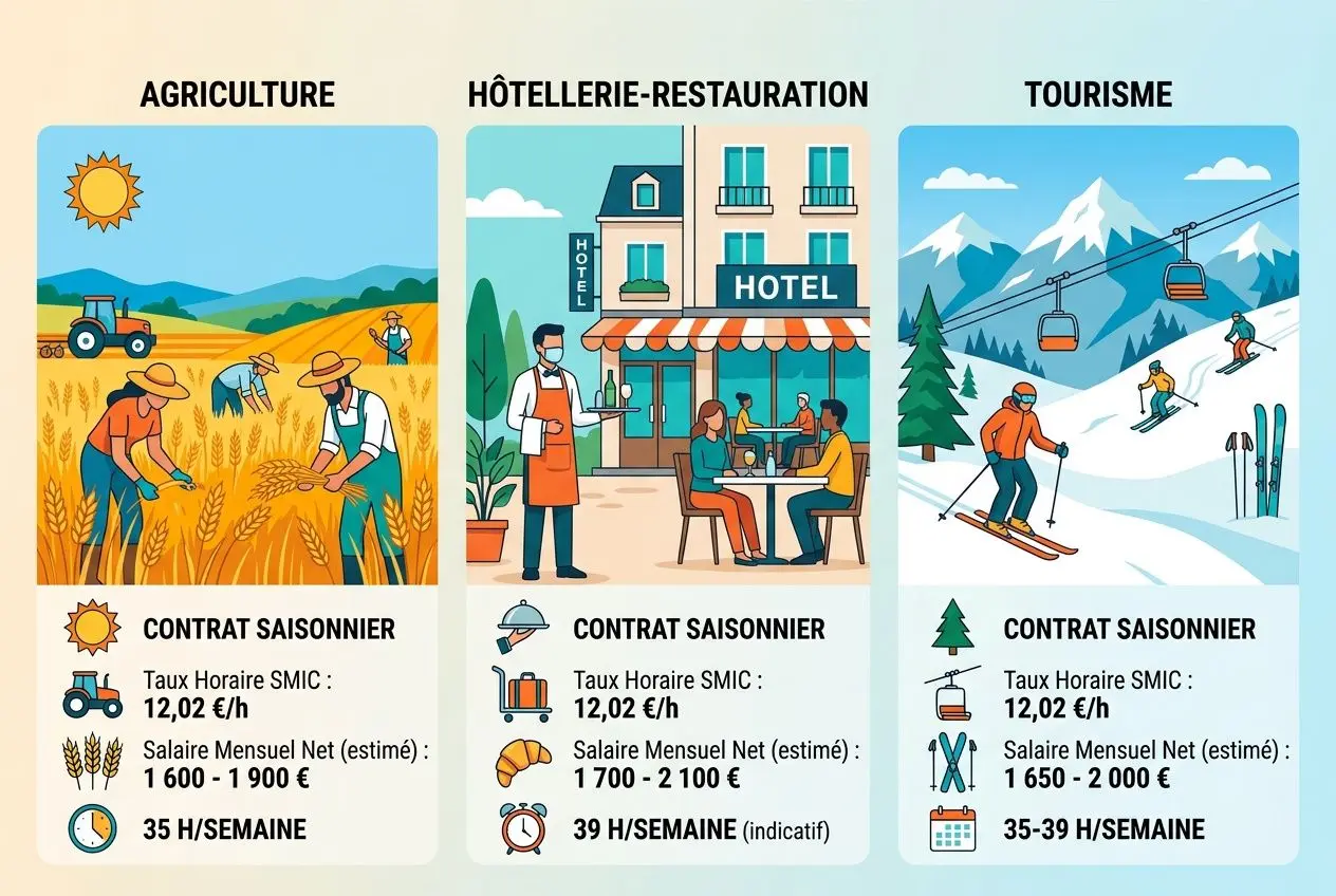 Étiquette «&nbsp;modèle de contrat de travail saisonnier&nbsp;» avec affiches Agricuture, Hôtellerie-restauration et Tourisme montrant travailleurs saisonniers et services, tarifs et heures.