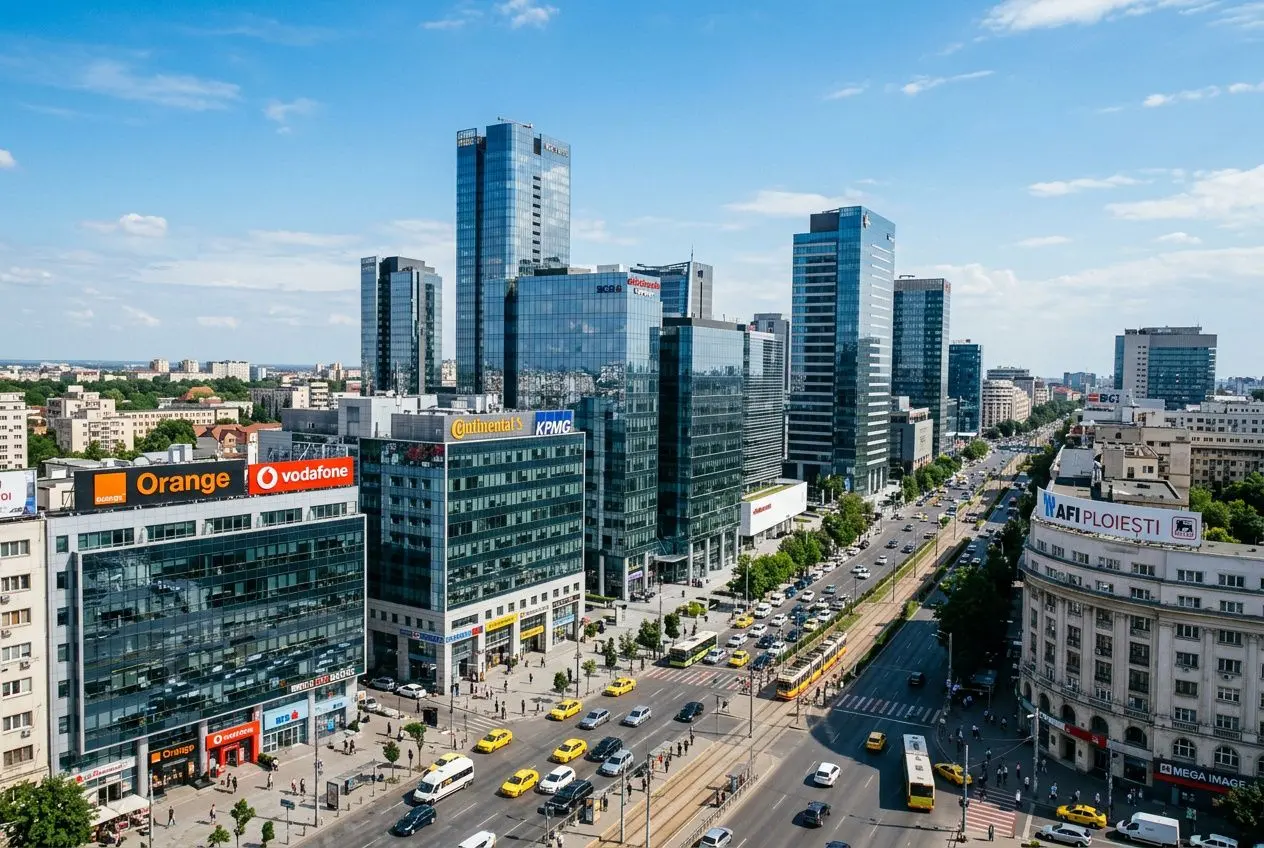 Gratte-ciel modernes et rue urbaine animée, trafic et taxis dans une ville européenne; ambiance d’affaires et économie romanie. salaire minimum roumanie 2025