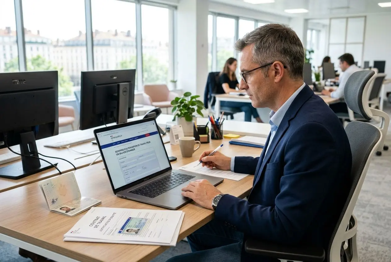 Homme d’affaires arqué sur son ordinateur portable, remplissant une demande d'autorisation en ligne dans un bureau lumineux.
