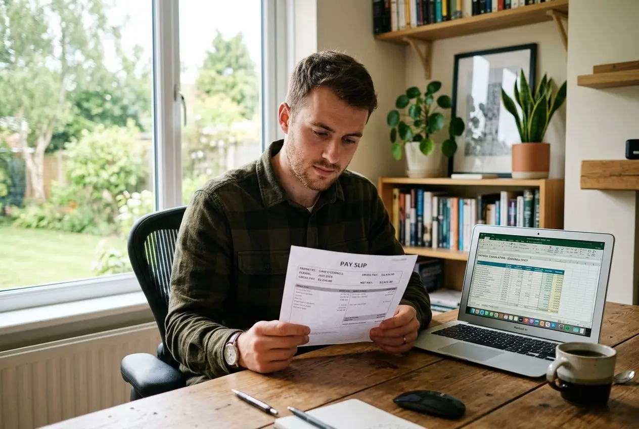 Homme examinant une fiche de paie près d’un ordinateur portable sur un bureau, ambiance bureau à domicile. banque Moins: texte alt.
