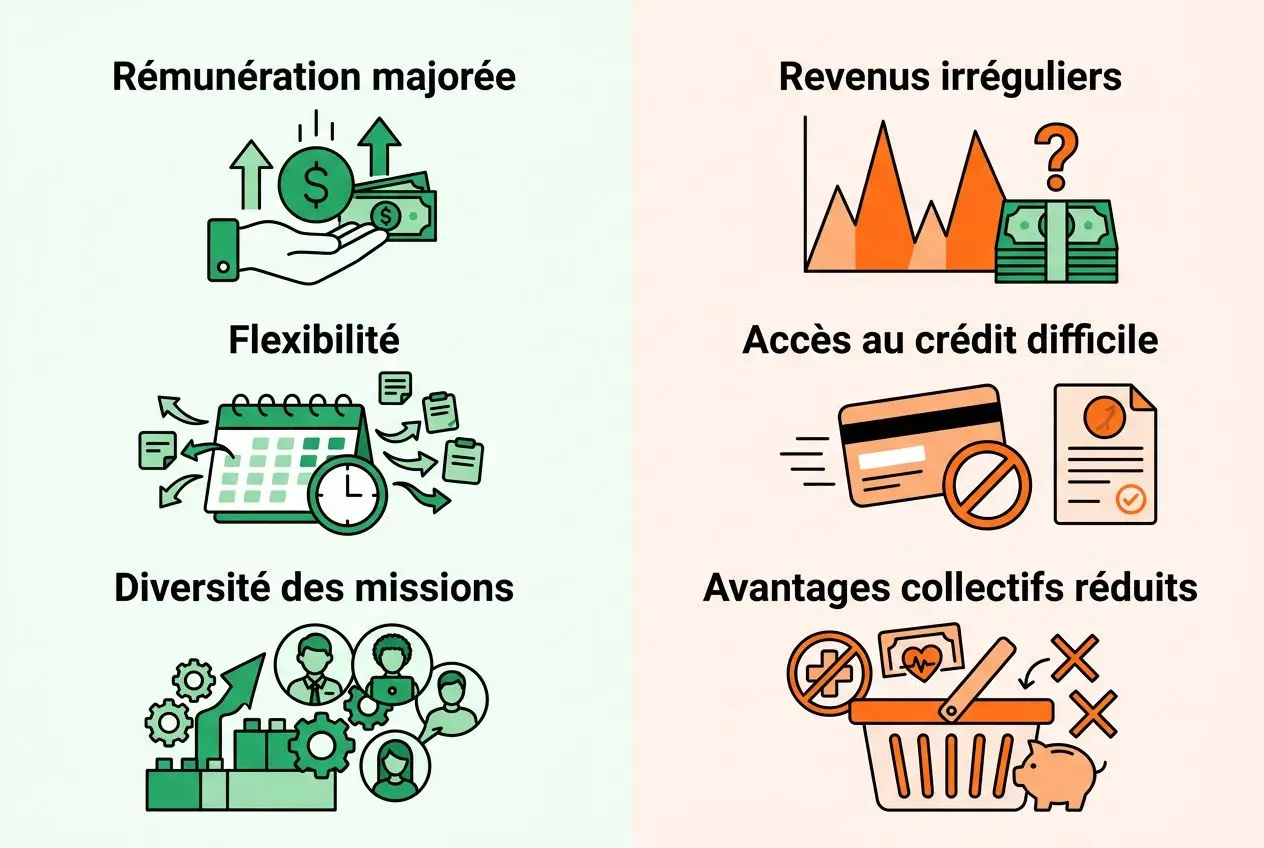 Illustration expliquant l’intermédiaire: "agence d'intérim comment ça marche" avec sections sur rémunération et flexibilité, missions variées, accès au crédit et avantages collectifs réduits.