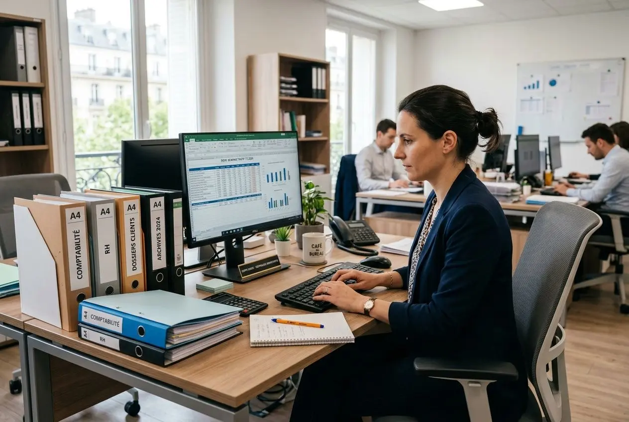 Personne en bureau, saisissant des données sur ordinateur; travail administratif avec classeurs et carnet, ambiance professionnelle. Gestion administrative recrutement proche du sujet.