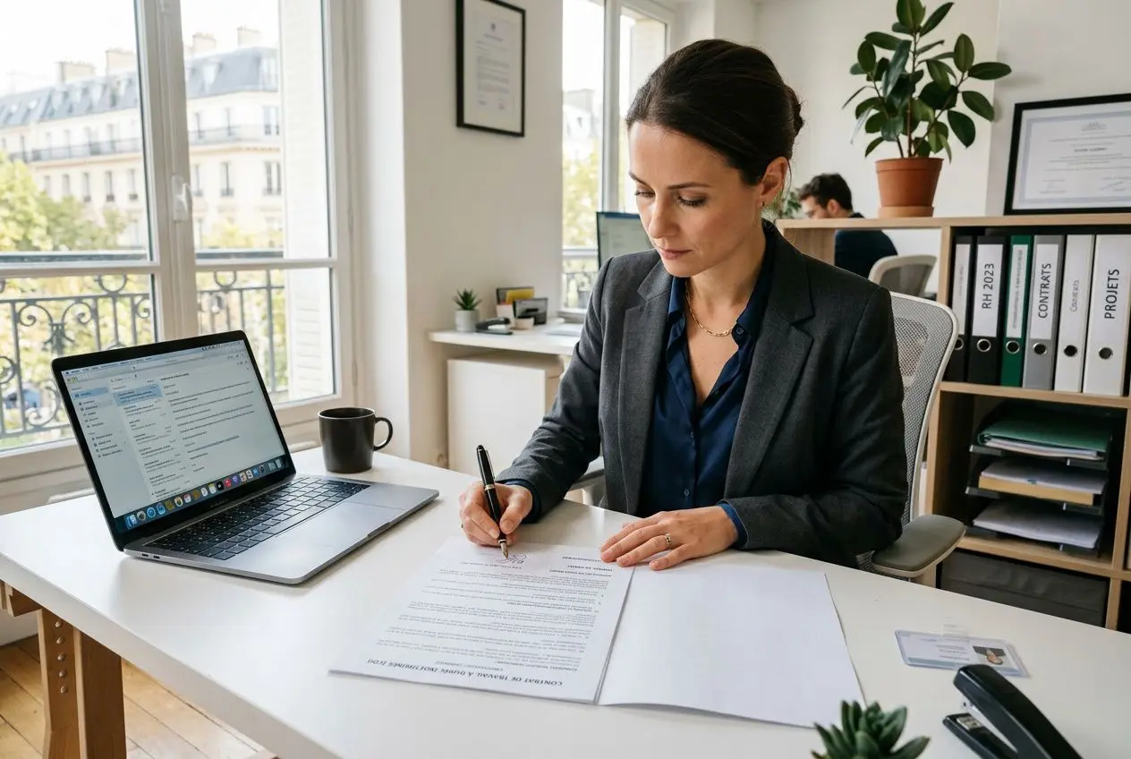 Une professionnelle signe un contrat près d’un ordinateur portable dans un bureau lumineux, avec rangées de classeurs en arrière-plan. modèle de contrat de travail saisonnier est impliqué.
