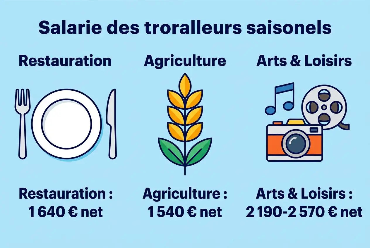 Salaire saisonnier par mois net : répartition par secteurs (Restauration 1 640 € net, Agriculture 1 540 € net, Arts & Loisirs 2 190–2 570 € net)