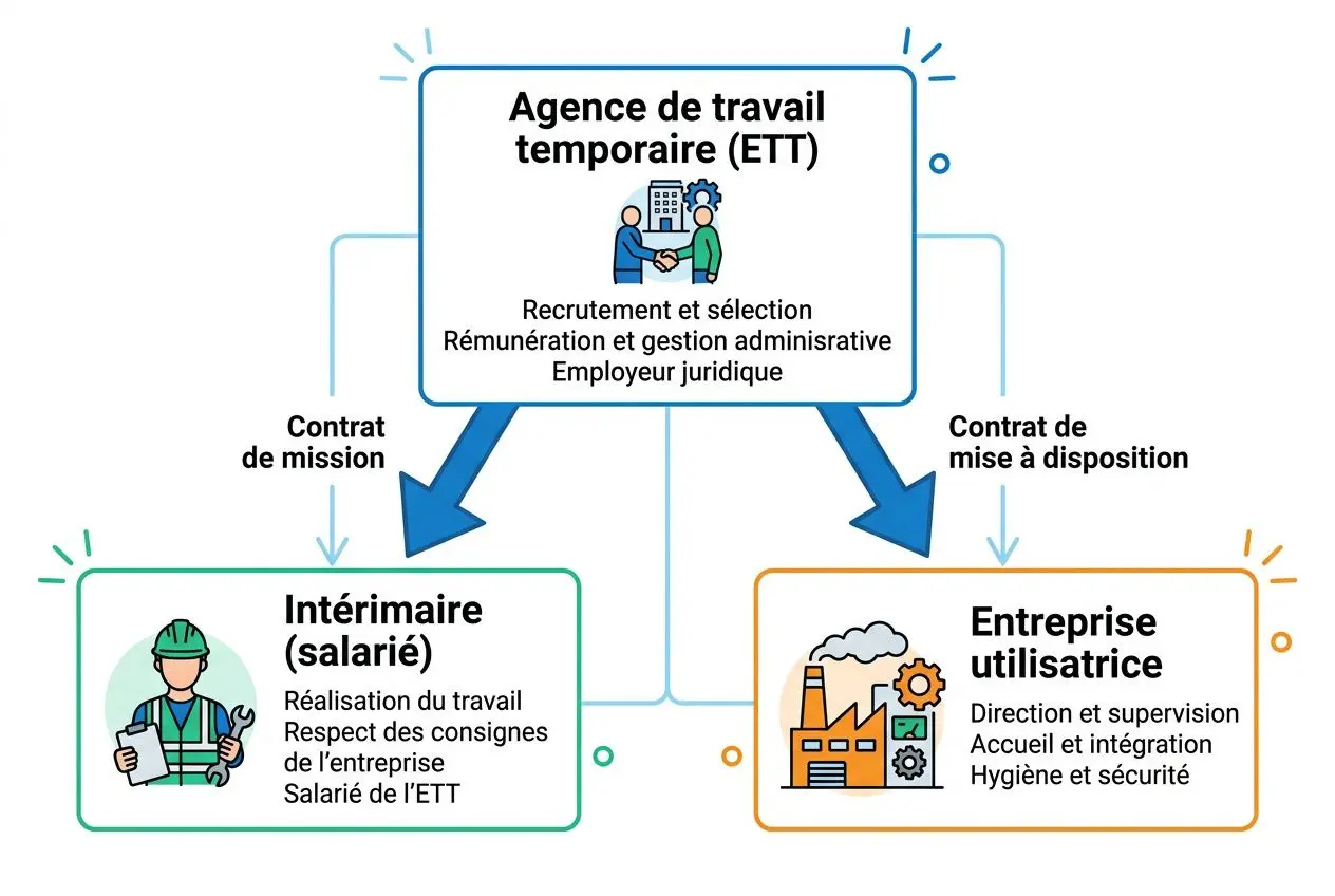 Schéma d’agence d’intérim montrant le rôle de l’ETT et les liens avec l’intérimaire salarié et l’entreprise utilisatrice.