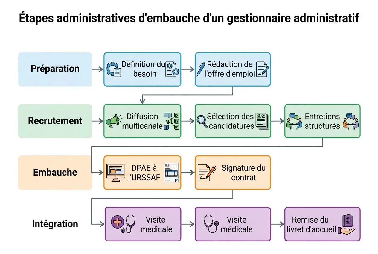 Schéma des étapes administratives d'embauche d'un gestionnaire administratif en recrutement, avec préparation, recrutement, embauche et intégration.